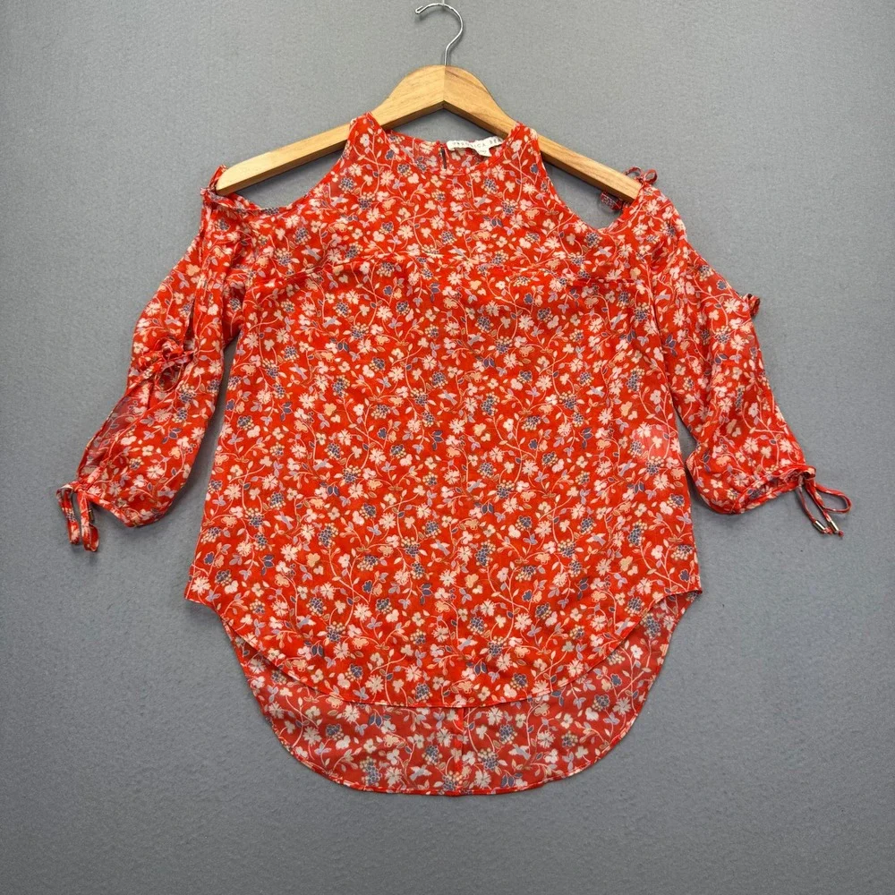 Veronica Beard Red Silk Floral Cold Shoulder Blouse Top S172-WFP4358 Size 2